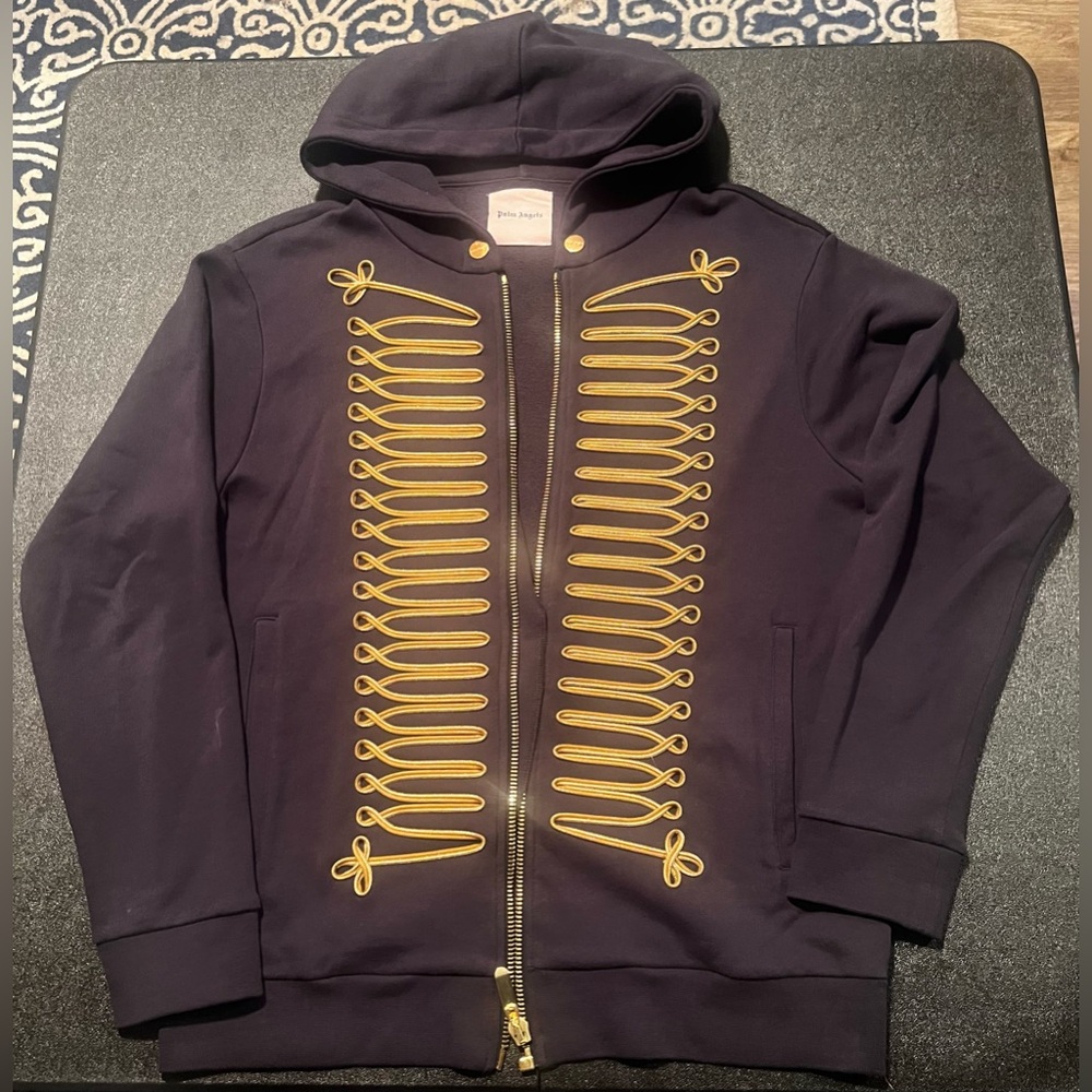 Palm Angels Military Embroidered Zip Hoodie – Black/Gold – 100% Cotton